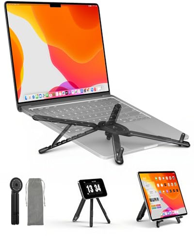 Viozon Portable Laptop Stand for Desk, Foldable Adjustable Computer Riser with Magnetic Phone Holder, Aluminum Laptop Stand for 10–16” Laptops & 4–13” Phones/Tablets (Black)