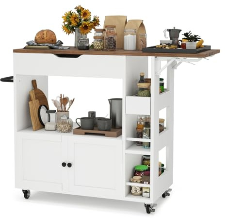 ARTETHYS Kücheninsel mit Klappbarer Arbeitsplatte, Küchenwagen Servierwagen mit Rollen, Küchenschrank mit Schubladen und Türen Rollwagen, Buffetschrank für Küche, Esszimmer & Outdoor, Weiß