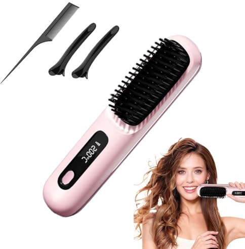Spazzola per capelli elettrica, spazzola lisciante senza fili, ricaricabile, spazzola riscaldante, per donne e uomini senza fili, con display a LED, 3 livelli di temperatura, per lisciare e arricciare