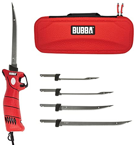 BUBBA 110V Electric Fillet Knife with Non-Slip Grip Handle, 4 Ti-Nitride S.S. Coated Non-Stick Reciprocating Blades, 8' Cord and Storage Case for Fishing