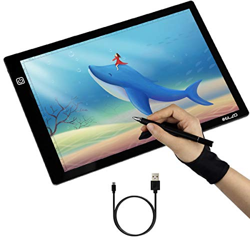 ELZO Leuchttisch, Led Licht Pad Leuchtplatte A4 Leuchtkasten Einstellbare Zeichnung Helligkeit Dimmbar Leuchtpult Mit USB Kabel, Handschuh für Skizzieren Skizzierung Zeichnung, Schablonieren, Kinder