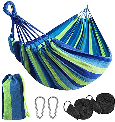 flintronic Hamaca de Algodón 200x150cm, 300kg de Capacidad de Carga, Material Muy Cómodo para Jardín Patio Trasero Playa Mochileros, Bolsa de Almacenamiento Icluidas, Rayas Azul-Blancas