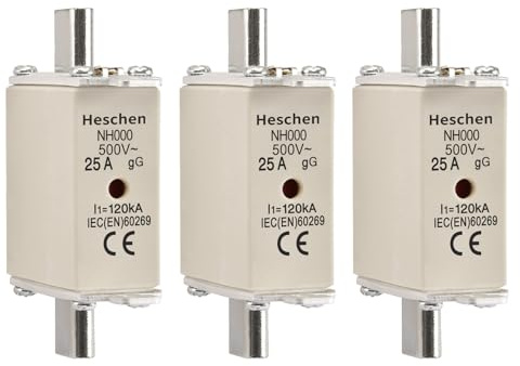 Heschen NH Sicherungseinsatz 25A, Keramiksicherungen, NH000, gG-Typ,Messerkontakt, Frontanzeige-Kombinationsdetektor, 3 Stück