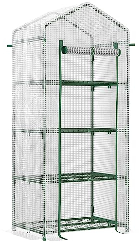 Outsunny Serre de Jardin PE avec étagères 4 Niveaux, Serre de Balcon, bâche renforcée 140 /m², châssis en Acier, Porte zippée Enroulable, pour légumes Plantes, intérieur extérieur, 70x50x160cm, Blanc