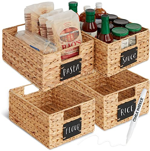 Best Choice Products Set of 4 9x12in Water Hyacinth Pantry Baskets, Woven Organizers w/Chalkboard Label, Chalk Marker - Natural