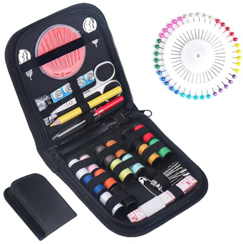 JANREAY Juego de costura con 94 accesorios de costura, kit de costura de viaje, accesorios de costura para principiantes, rollos de hilo, agujas de coser, hilo, dedal, cinta métrica, etc