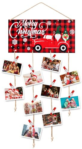Christmas Card Holder Wooden Merry Christmas Wall Hanging Picture Holders with 30 Snowflake Wooden Photo Clips Picture Holder for Wall Xmas Greeting Card Display for Christmas Home Party Wall Decor