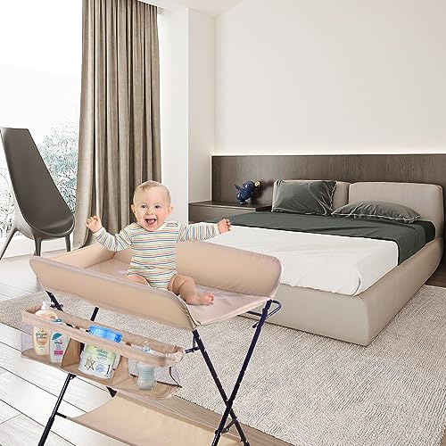 Mesa cambiador plegable y portátil, mesa de cambio plegable con cesta de almacenamiento, lateral, carga máxima 25 kg para recién nacidos, diseño ergonómico (Amanda)