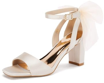Coutgo Women's Bow Tie Heeled Sandals Chunky Heels One Strap Satin Ankle Buckle Dress Wedding Shoes, Beige, Size 8
