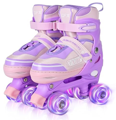 LOKJIJI Roller Skates for Girls Kids Child Beginners, Adjustable 4 Sizes Roller Skates for Kids and Youth with Light Up Wheels for Sports, Purple & Pink (Small - UK 11-1)