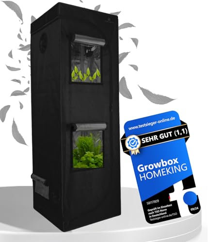 HOMEKING Growzelt 60x60x180 | Robustes Zuchtzelte für Hydrokulturen | Wasserdicht, Lichtdicht & Einfacher Aufbau | Grow Box Indoor Gewächshaus Indoor für Hydroponic System | Farbe: Schwarz/Schwarz