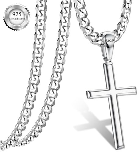 YADOCA Silver Cross Necklace for Men, 925 Sterling Silver Men's Necklaces 5mm Strong Stainless Steel Diamond Cut Cross Chain Mens Cross Necklace Crucifix Necklace 56cm