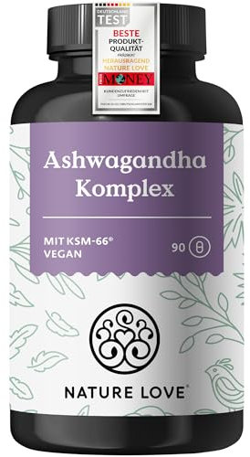 NATURE LOVE® Ashwagandha Komplex – 600mg Ashwagandha pro Tagesdosis – 90 Kapseln – mit KSM-66, Magnesium, Folsäure und Vitamin C und B6 – hochdosiert & vegan – in Deutschland produziert