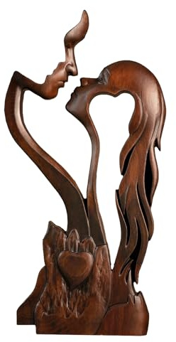 BGCOPPER Wooden Kissing Couple Ornament, Abstract Couple Portrait Sculpture Romantic Love Statue Decor Gift for Women Anniversary Valentine Wedding - 10 Inch