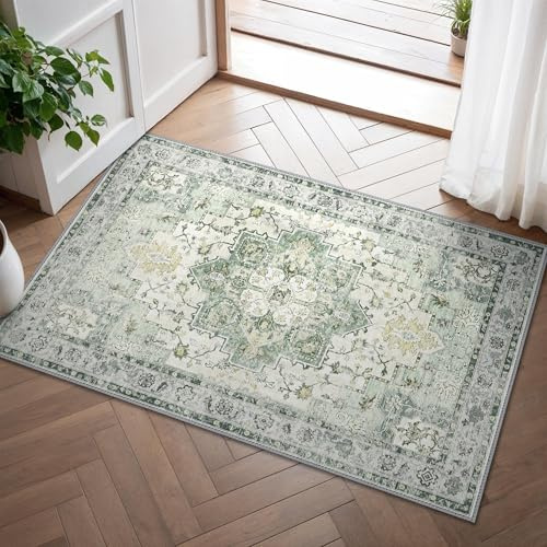 GENIMO Small Rug 60x90cm Boho Sage Washable Non-Slip Vintage Carpet Area | Compact Doormat with Sage Green Classic Pattern Machine Cleanable, Anti-skid Backing, Soft Texture, Perfect for Entryway