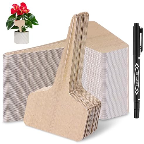 120 PCS Plant Labels with Markers Pen Waterproof Garden Plants T-Type Tag for Herb Potted Plant Seedling Vegetables Flower, Wooden Textured Plastic Plant Labels, 2.4x4inch