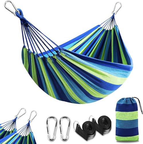 BUOAZR Hängematte Outdoor Camping 2 Personen | 270kg Tragkraft (300 x 150cm)Atmungsaktiv, Robust Tragbare Leinwand Hängematte mit Reisetasche, 2 Premium Karabiner,2 Nylongürtel | Garten,Indoor,Strand