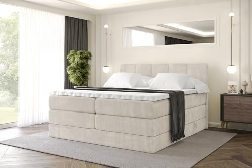 ALTDECOR Boxspringbett mit Matratze und Lattenrost, Topper, Polsterbett mit Bettkasten, Bett mit Stauraum H3- und H4- Matratze, Doppelbett, Springboxbett -LIRO KING-180x200 - Beige Casablanca