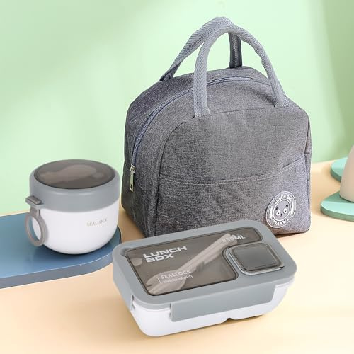Esilihom Lunch Box Adults, Leakproof Bento Box Set with Lunch Bag, Utensils, Oats Container, for Men Women Student Office School, Food Storage with Fork & Spoon, Grey
