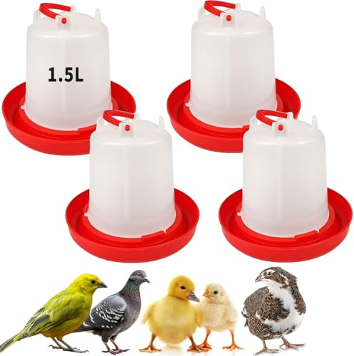 Lot de 4 abreuvoirs à Poulets alimentés par gravité de 1,5 L - Kit d'abreuvoir à Suspendre pour volailles - Distributeur d'eau Anti-déversement pour Poulets, Canards, cailles, Pigeons, couveuses et