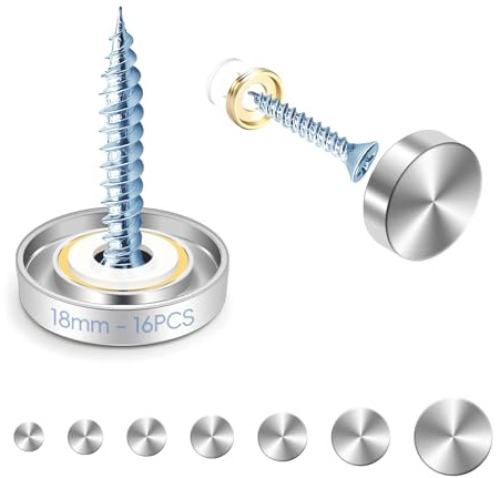 mawmuaw 18 mm Mirror Screws 16 Pcs Decorative Screws Stainless Steel Mirror Nails with Caps Screw Brass and Rubber Washer for Glass Mirrors Bathroom Panels Tables Wardrobes Furniture Advertising Sign
