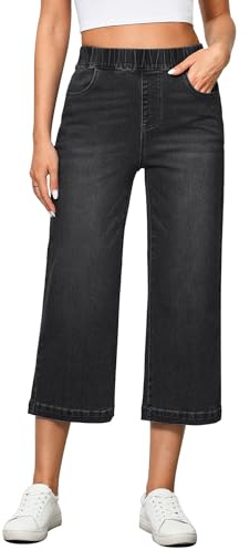 Vetinee Pantalones vaqueros para mujer de pierna ancha, holgados, con cintura alta, elásticos, capri, Stonewashed Black, XL