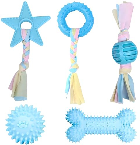 KOMEIYL 5pcs Jouets à Mâcher pour Chiots, Jouet Interactif Chien, Jouet de Dentition pour Chien avec Cordes, Soulage Efficacement Douleur L'inconfort Causés Gencives Enflées (Bleu)