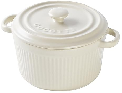 Ciotola da Forno in Ceramica con Coperchio 400 ml, Piatti da Soufflé, Pirottini con Manici per Torte, Carne, Verdure e Salse, Adatti per Friggitrice ad Aria, Forno, Microonde, Bianco
