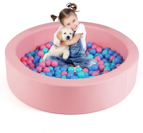 HOMASIS Piscina di Palline Rotonda in Schiuma con 200 Palline, Piscina per Bambini con Imbottitura in Spugna e Copertura in PU lavabile, 105 x 24 cm (Rosa)