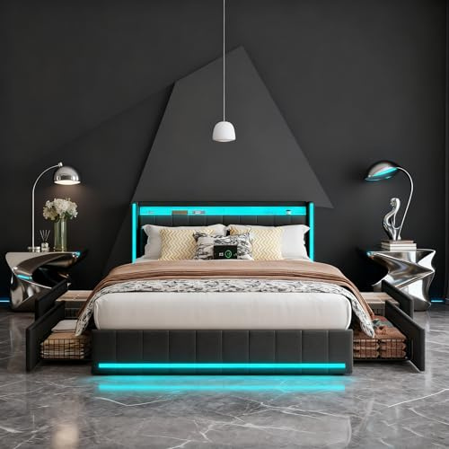 Lit 180x200 avec Sommier et LED, Cadre de Lit Double avec 4 Tiroirs, Tête de Lit en Lin avec USB et Type-C, Design Moderne pour Chambre à Coucher, Suite Parentale ou Chambre d'amis, sans Matelas Gris