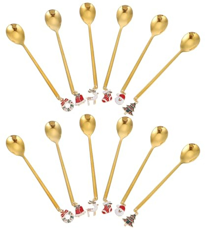 jojofuny Set 12 Cucchiaini da Caffè in Acciaio Inox Ciondolo Natalizio, Paletta per Mescolare Bevande e Cucchiaio da Dessert, Adatti per Bar e Uso Domestico, Design Festivo Oro