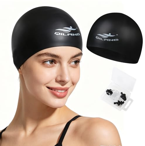 Silicone Swim Caps with Ear Plugs and Nose Clip, Waterproof Swimming Cap for Women Men, Elastomeric Comfortable Swim Hat for Teenagers, Suitabke for Long and Short Hair