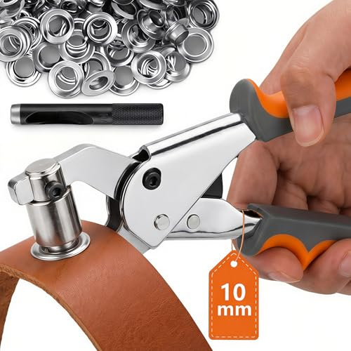 Set Occhiellatrice con 200 Occhielli Ø10mm, Pinza per Occhielli con Punzonatrice Manuale, Pinza Occhielli per Tessuti e Teloni, per Pelle PVC Tende Fai da Te