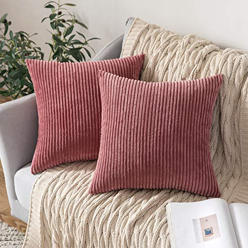 MIULEE Set of 2 Striped Corduroy Square Throw Pillow Case Soft Cushion Covers Sham Home for Sofa Couch/Bedroom Decorative Fluffy Large Pillowcases 16x16 Inch 40x40cm Light Red