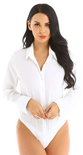 MSemis Body Chemisier Femme Chic Chemise Manche Longue Bodysuit Blouse Élégant Blanche Noir S-3XL