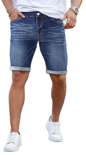 GINGTTO Pantaloni Corti Uomo Slim Fit Jeans Elasticizzati Pantaloncini Skinny Short Stretch Calzoncini Blu Scuro 32
