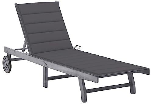 vidaXL Akazienholz Massiv Sonnenliege mit Auflage 2 Rädern Gartenliege Holzliege Relaxliege Gartenmöbel Liege Strandliege Saunaliege Grau