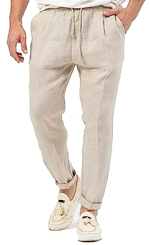 Evoga Pantaloni Uomo in Lino sartoriali Estivi Casual Eleganti (44, #A2 Beige Coulisse)