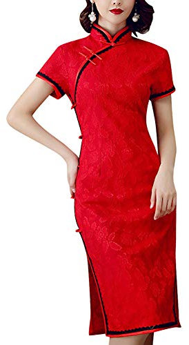 Disfraz de Cheongsam de encaje floral para mujer, elegante, cuello mandarín, fiesta china, Qipao, disfraz vintage, 02-133# Rojo, M