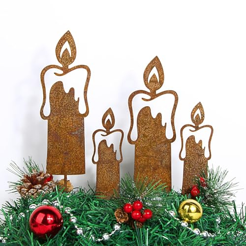 BOFUNX 4pcs Decorazione da Giardino in Metallo Arrugginito Decorazione da Giardino in Ruggine Natale Candela Arrugginita da Giardino Decorazioni Natalizie per Giardino Prato