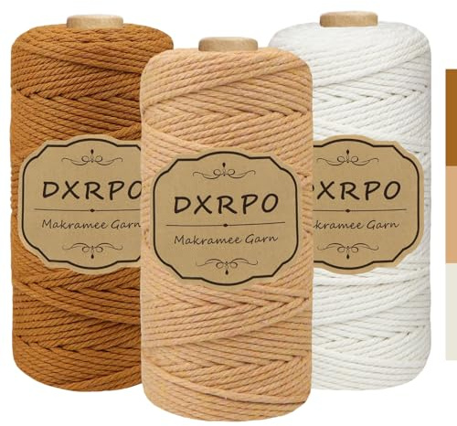 DXRPO Macrame Corda 3 mm x 100 m x 3, Macramè Filo Cotone per Fai Da Te, Piante Sospese, Natale, Decorazione Boho(Naturale, Marrone, Marrone Scuro)