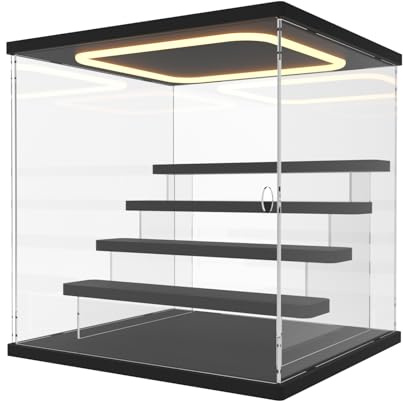 Nynelly Vitrine pour Collection avec Éclairage LED, 5 Niveaux Vitrine Acrylique Rangement avec Porte et Marches, Anti-Poussière Transparente Plexiglas Boite Presentoir pour Funko Pop, Figurine, Noir