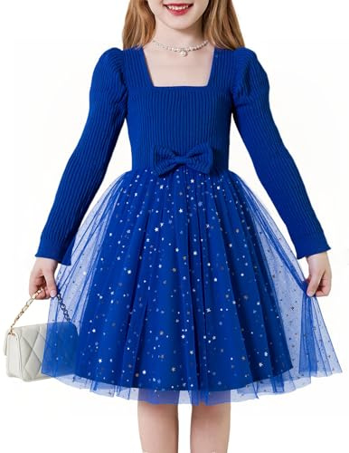 JiAmy Robe de princesse à manches longues pour fille - En tulle scintillant - Élégante robe de fête pour les fêtes de 2 à 7 ans (96-122), bleu, 6-7 ans