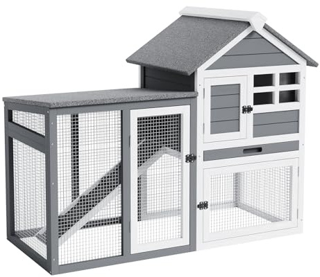 GarveeLife Small Wooden Chicken Coop, 2-Story Rabbit Hutch Indoor Outdoor with Waterproof Roof, Bunny Cage with Pull Out Tray and a Wooden Ramp