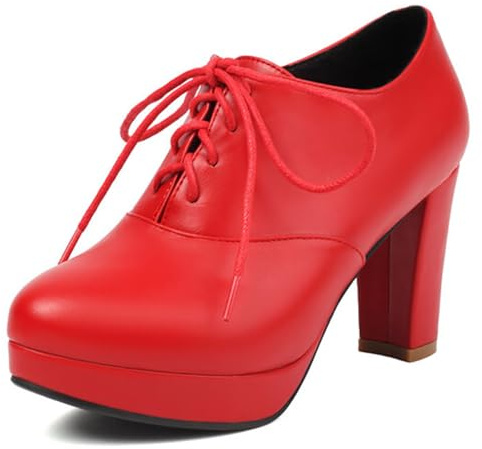 Wtharosa Tacones Altos Oxford Vintage para Mujer, Punta Afilada con Plataforma y Tacón Grueso de 8CM, Estilo Simple y Elegante para Oficina, Fiestas y Atuendos Diarios,Rojo,38 EU