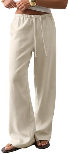 CHYRII Wide Leg Pants for Woman Casual Flowy Palazzo with Pockets Summer Beach Vacation Mid Waist Trousers Natural XS