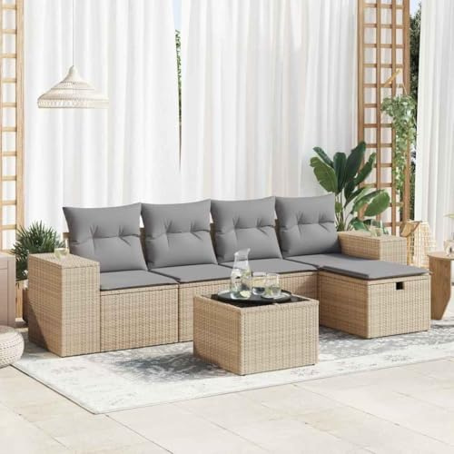 Frdhee Muebles de balcón Juego de muebles de jardín, 6 piezas, conjunto de sofá de jardín con cojín de ratán de poli beige, grupo de asientos de jardín para jardín, terraza, balcón, fácil de mantener