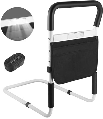 Barrière de Lit pour Seniors & Adultes, Potence de Lit avec Lumière Intégrée & Pochette de Rangement, Barriere de Lit Adulte Stable pour Personnes Âgées, Femmes Enceintes & Personnes Handicapées