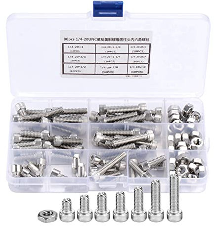 Tornillos de Cabeza Hueca Hexagonal Tornillos Cilíndricos Hexagonales Acero Inoxidable Estándar Británico Americano 90pcs 1/4-20UNC
