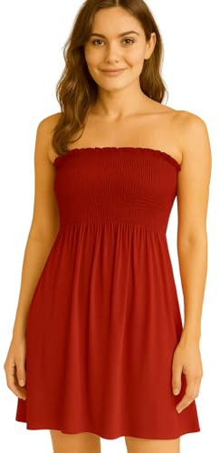 STAR FASHION Women’s Strapless Sheering Ruched Bandeau Dress Plain Boob Tube Sleeveless Midi Dress Summer Holiday Beach Flared Dress Soft Stretch Wine 16-18